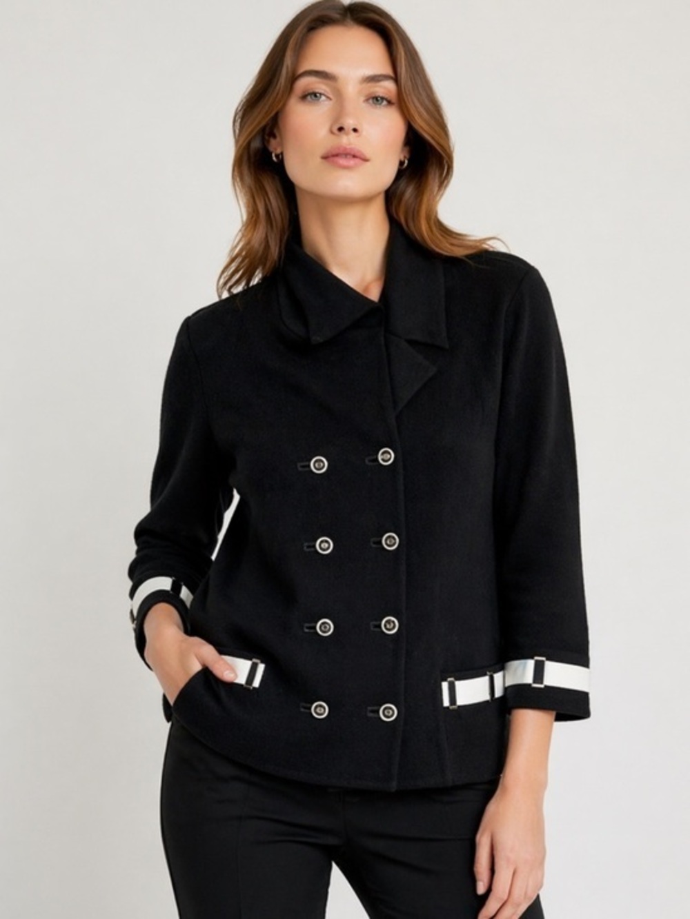 St. John collection double button black white jacket blazer sweater cardigan